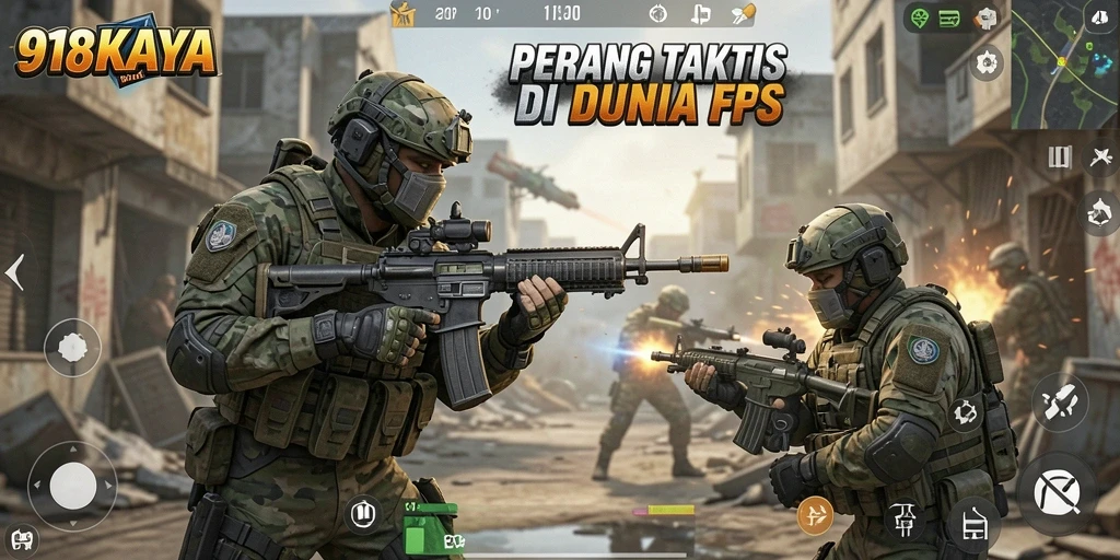 Screenshot gameplay menunjukkan aksi intens di medan perang FPS.