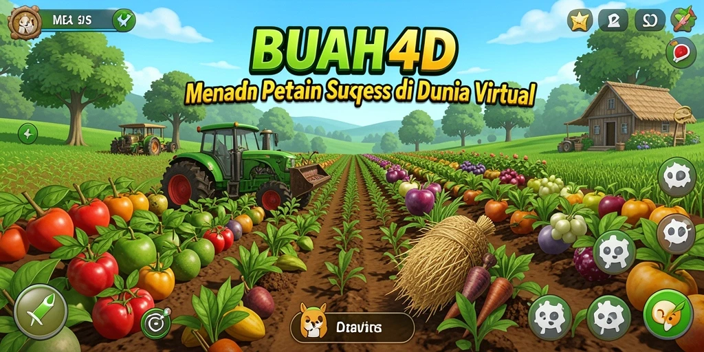 Tampilan gameplay BUAH4D dengan kebun subur dan berbagai tanaman yang berkembang.