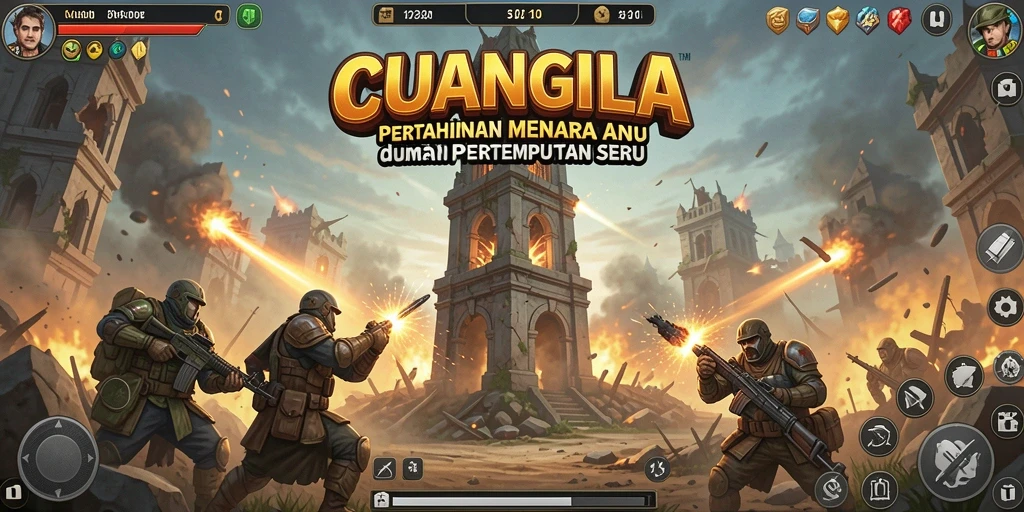 Tangkapan layar utama CUANGILA menampilkan aksi menara dalam pertempuran Tower Defense.