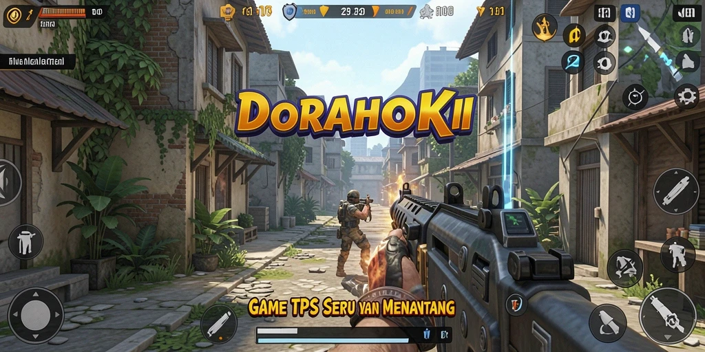 Tampilan gameplay DORAHOKI yang penuh aksi dalam mode TPS.