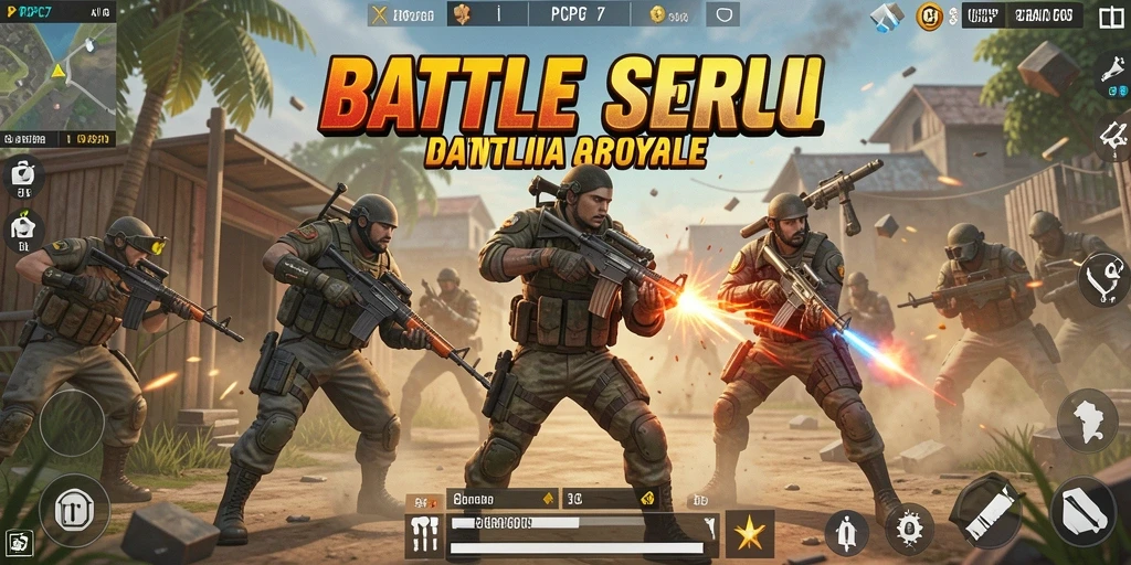 Screenshot permainan PCPC7 menampilkan pertarungan intens dalam Battle Royale.