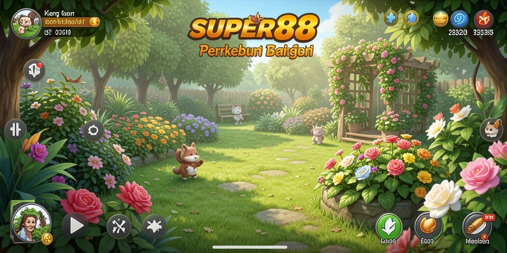 Tangkapan layar gameplay SUPER88 menampilkan kebun yang subur dan beragam tanaman.